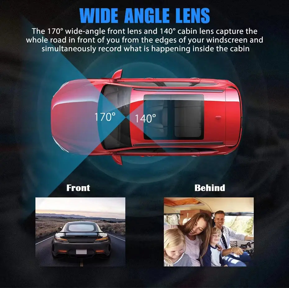 Red car dashboard featuring a 1080P dual lens dash cam video recorder with a 170 degree wide-angle front lens and 140 degree cabin lens for comprehensive road and interior recording.