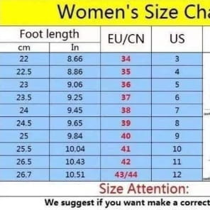 The women’s size chart shows measurements in centimeters and inches with EU/CN and US sizes for black versatile casual leather platform boots.