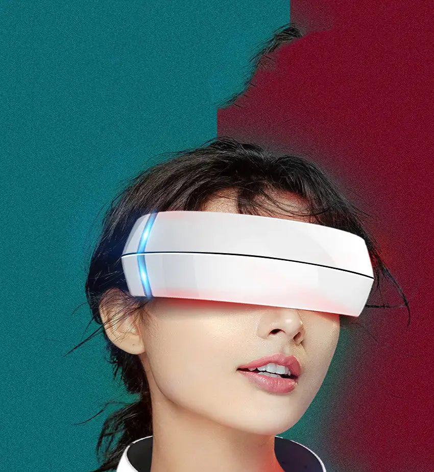 white sleek vr headset with glowing blue and red led accents designed as a cervical spine integrated massage device for spine integrated massage therapy