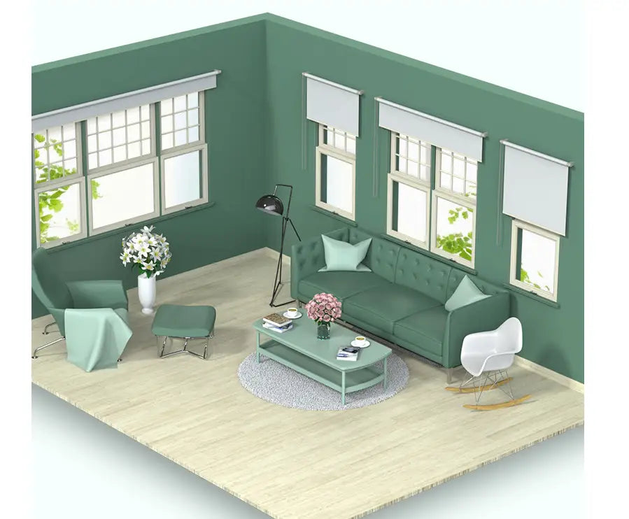 A mint green tufted sofa with light mint throw pillows and a matching coffee table displayed alongside a wireless vacuum cleaner for car and household use.