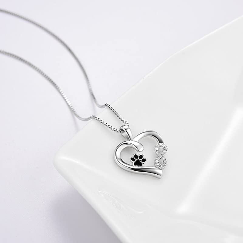 s925 fashionable pet silver heart pendant necklace featuring a black pet dog paw and sparkling crystal accents