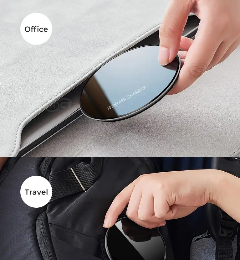 Black circular wireless charger smooth 15w with a sleek glossy finish and minimalist design.