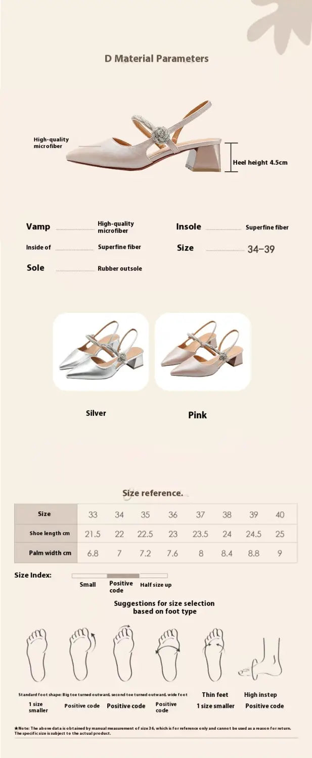 Silver high-quality microfiber slingback heels with a 4.5cm chunky heel silver and a delicate crystal embellishment on the pointed toe high strap.