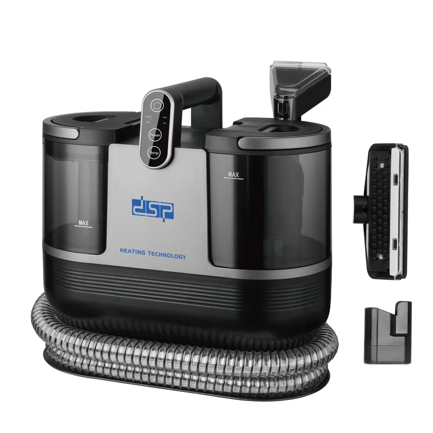 Black and silver dsp 3in1 stain removal cleaner carpet sofa with hose featuring transparent water tanks, a digital control panel, and detachable attachments for versatile cleaner carpet sofa use.