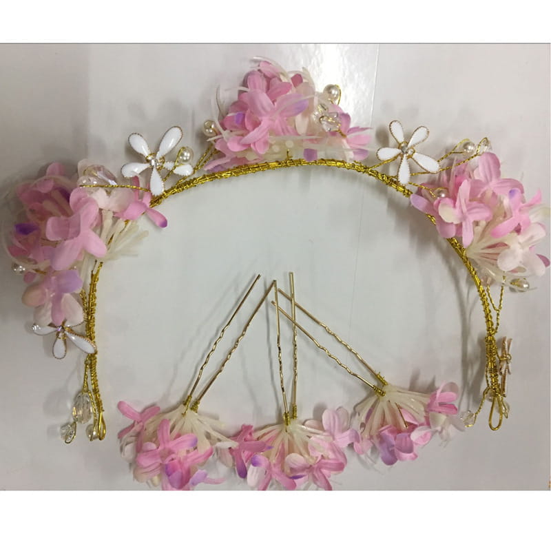 Delicate pink and white floral handmade wreath headwear adorned with gold wire pearls and tiny crystal accents.