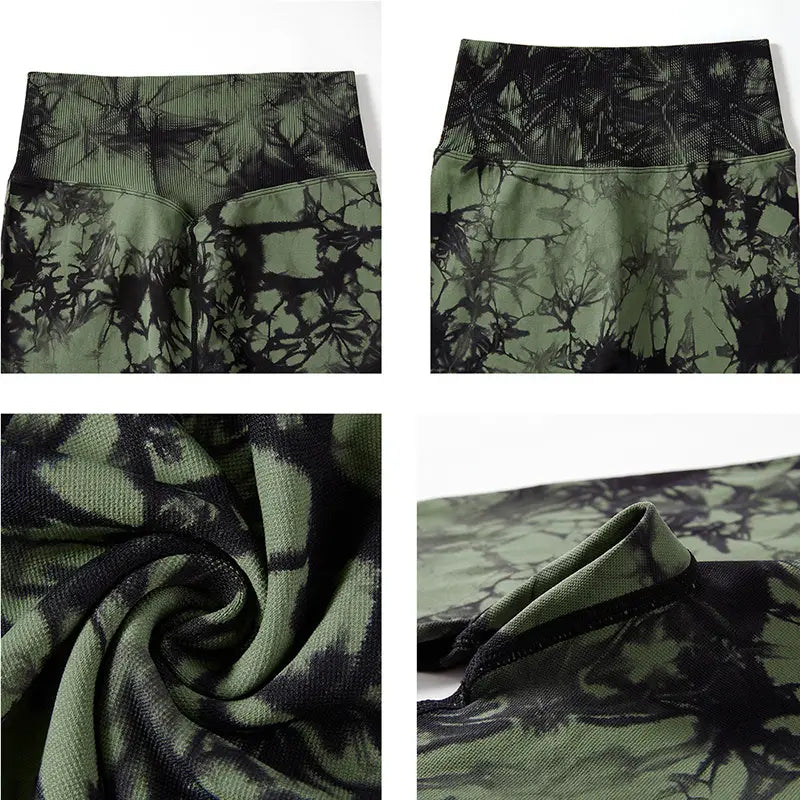Olive green and black seamless tie dye leggings women high waisted yoga pants with a ribbed waistband designed for athletic use.