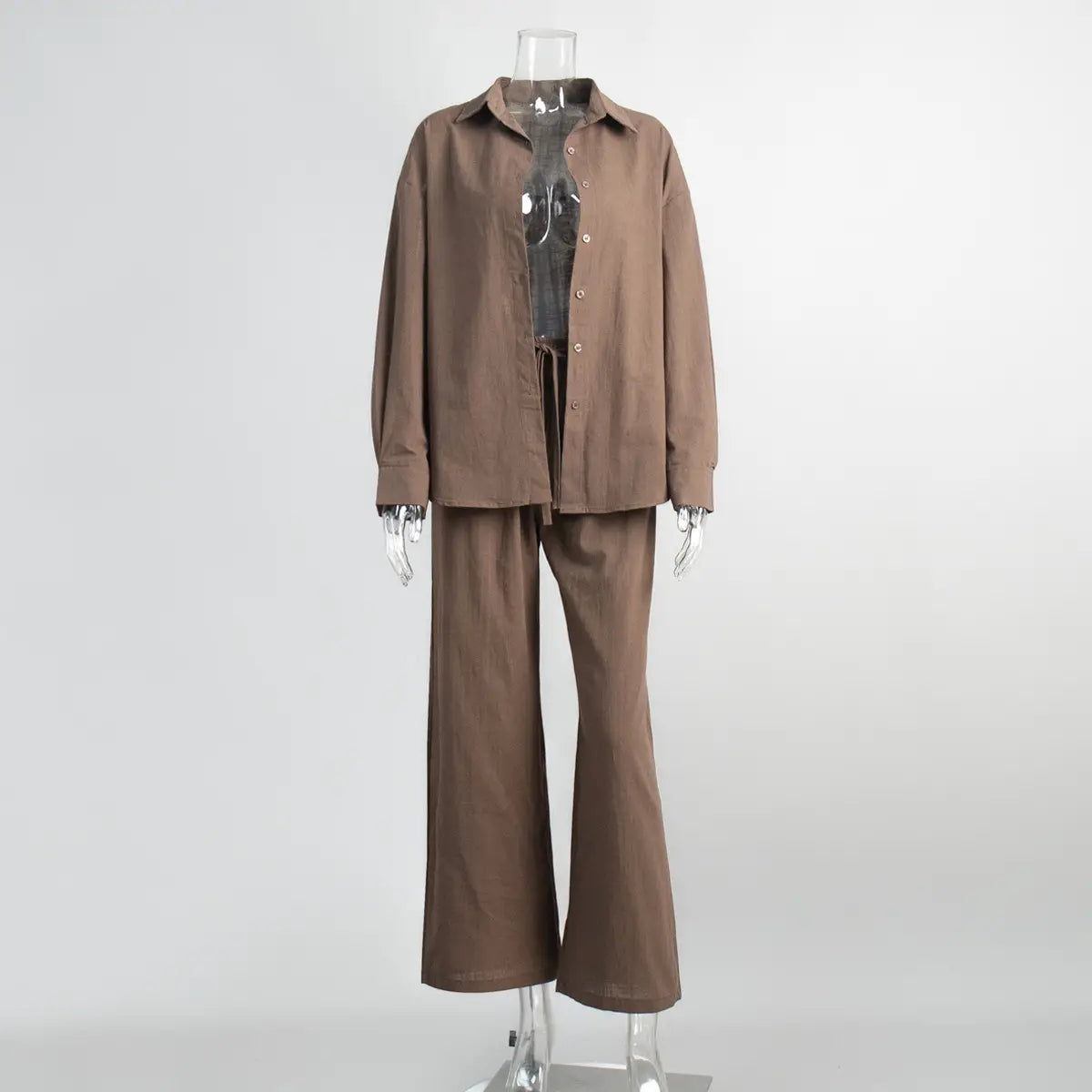 brown cotton long sleeve button-up shirt and matching wide-leg pants shirt trousers suit set