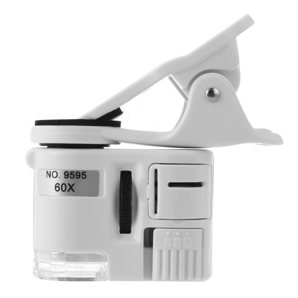 white plastic clip-on magnifier with 60x zoom and a black rubber ring around the lens for a digital microscope camera with led light