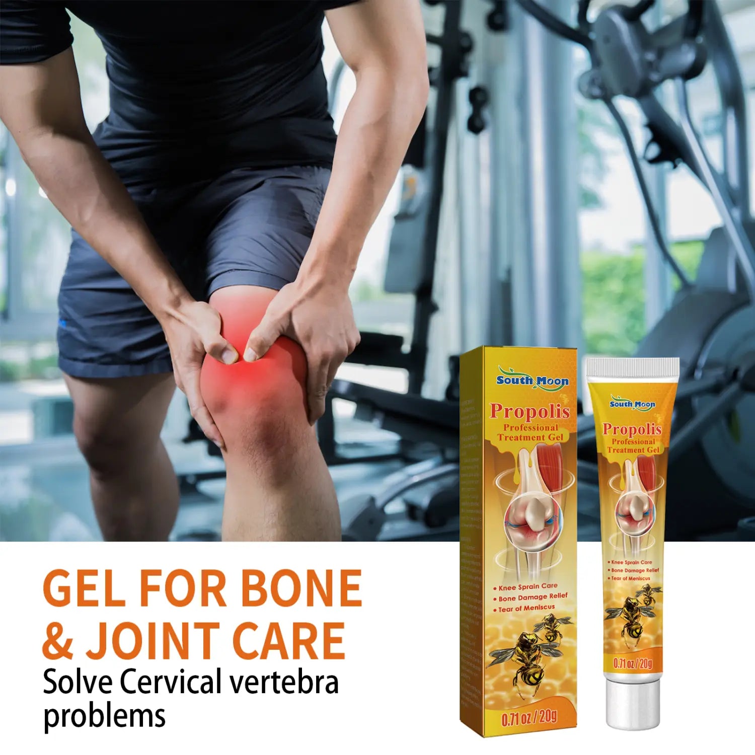 South moon propolis joint care gel in a yellow and white tube with bee illustrations designed for muscle pain and bone and joint care.