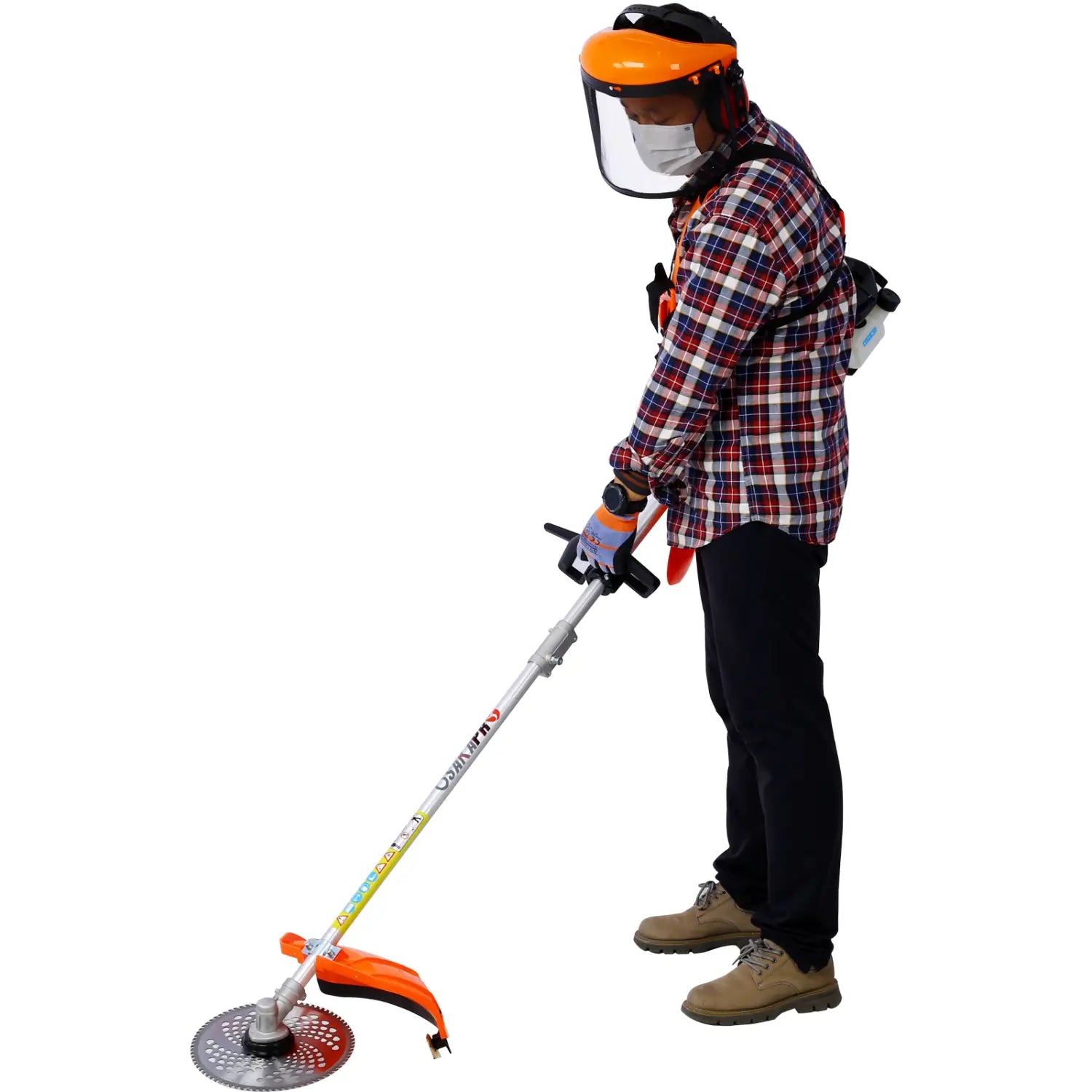 orange and silver gas-powered brush cutter with circular cutting head part of a hedge trimmer and brush cutter multi tool set for efficient plastic pruning tools and brush cutter use