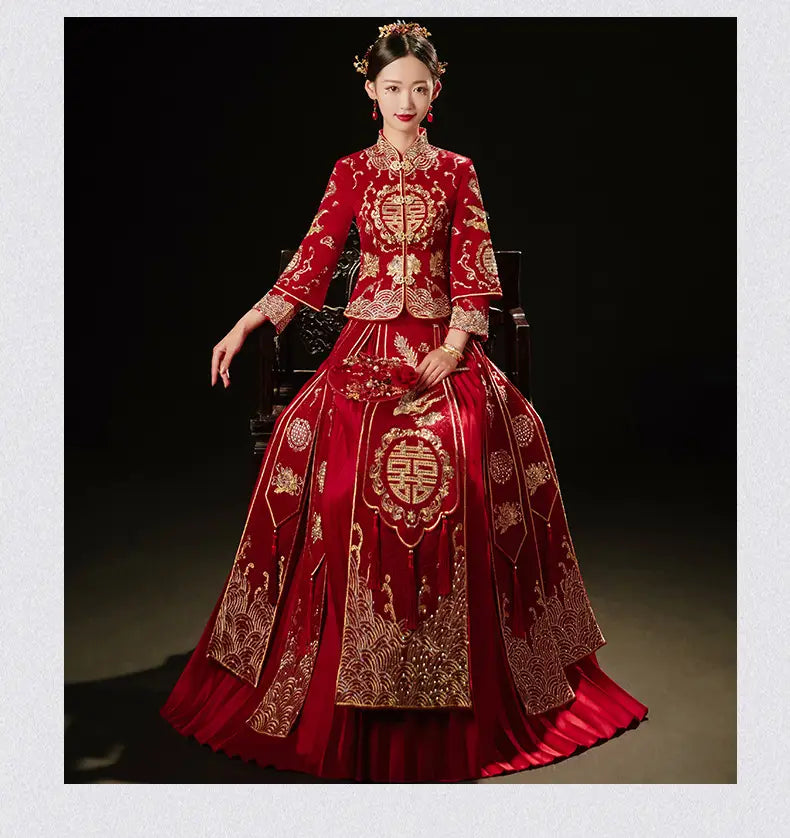 plus size red dragon embroidery slimming toast dress featuring a rich red traditional Chinese wedding gown with intricate gold embroidery and a prominent double happiness symbol designed as a bridal slimming toast dress.