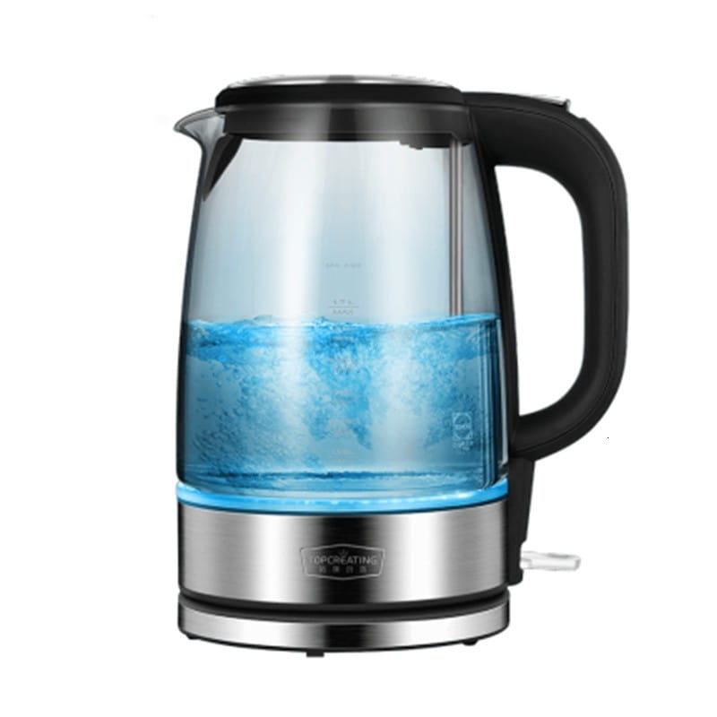 small glass electric kettle with clear glass body black handle and base featuring blue led light ring around the bottom