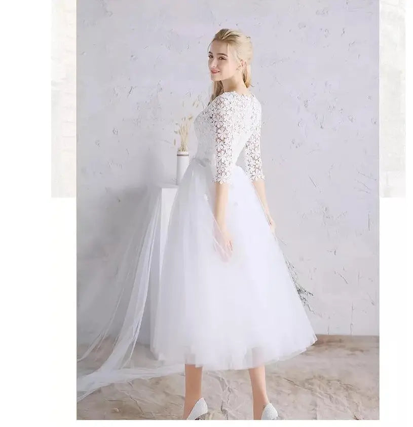 white lace floral wedding dress for party ladies with small sleeves featuring three-quarter length lace and tulle design