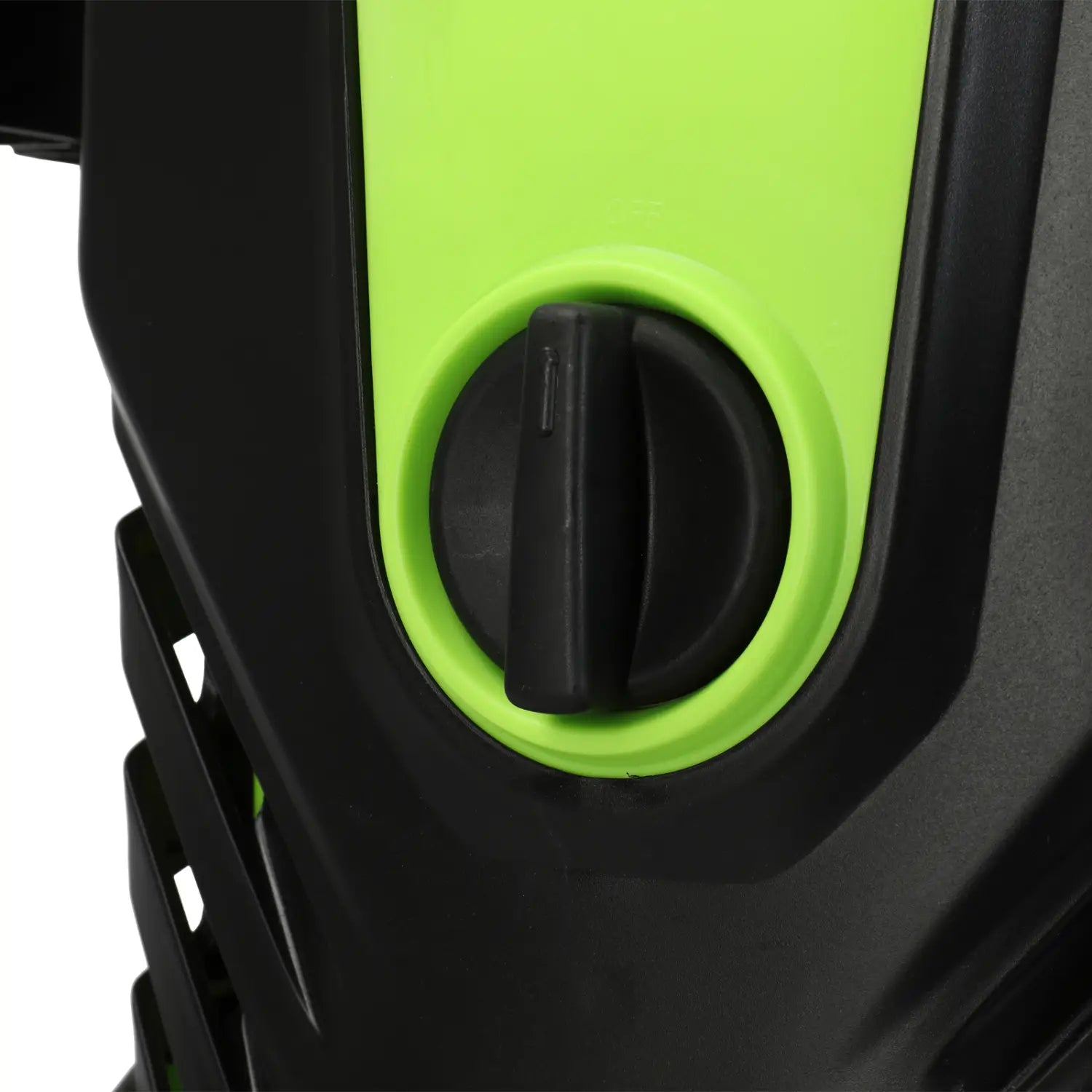 Black and neon green plastic control knob with textured grip on a green and black high pressure cleaner with coiled hose