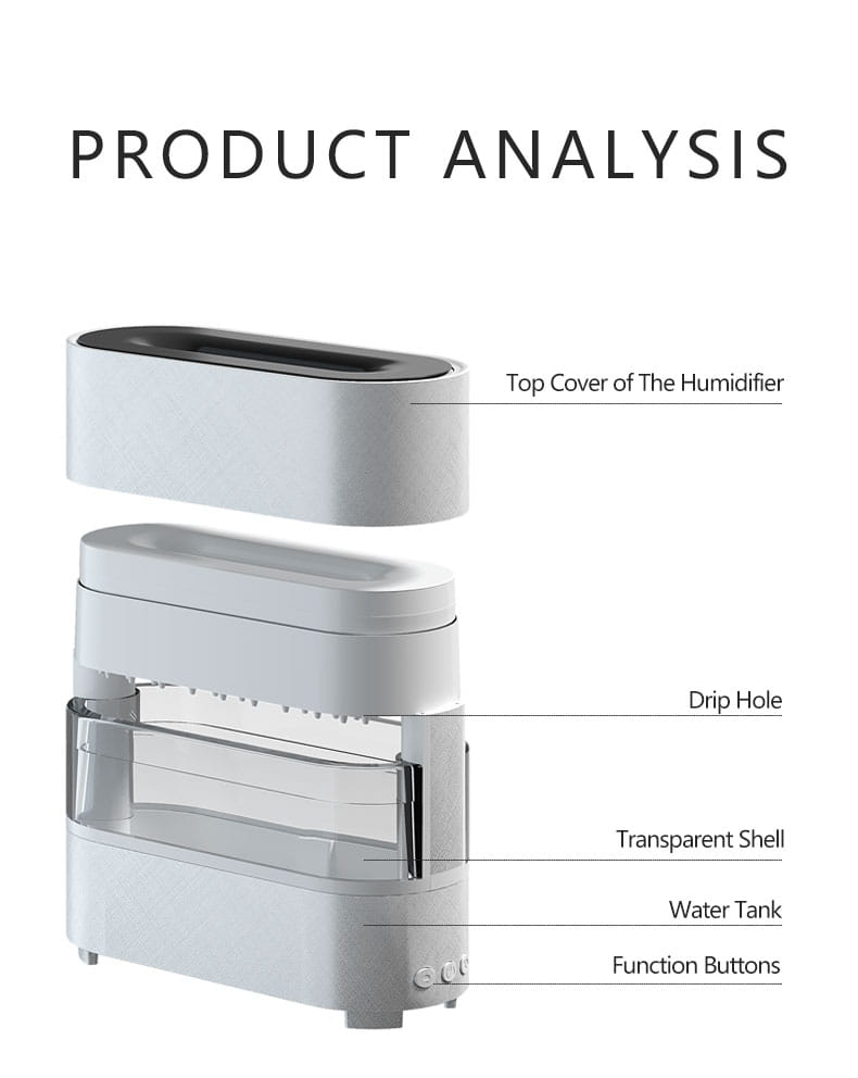 A white and transparent rain cloud humidifier aroma diffuser with a sleek modern design featuring a top cover drip hole water tank and function buttons for humidifier water drip use.