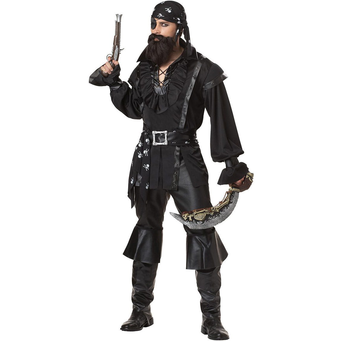 Male pirate costume halloween cosplay set featuring a black outfit with a ruffled shirt, skull-patterned bandana, and leather accents designed for a halloween male pirate look.