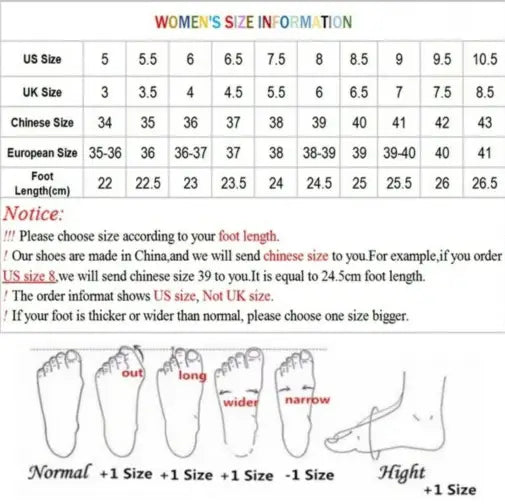 the image shows a women’s shoe size conversion chart with us, uk, chinese, and european sizes and foot length guidelines, related to black rhinestone rose sandals mesh fish mouth heel sandals mesh.
