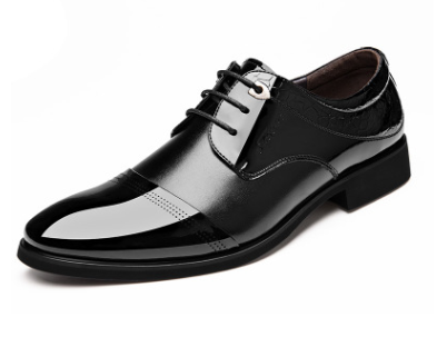 Black patent leather men’s shoes business dress featuring a glossy finish and subtle perforated detailing on the toe cap with lace-up closure.