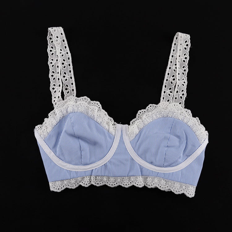 light blue and white striped lace splicing sling vest with delicate lace trim along the edges and straps suitable for a sling vest high fashion look.