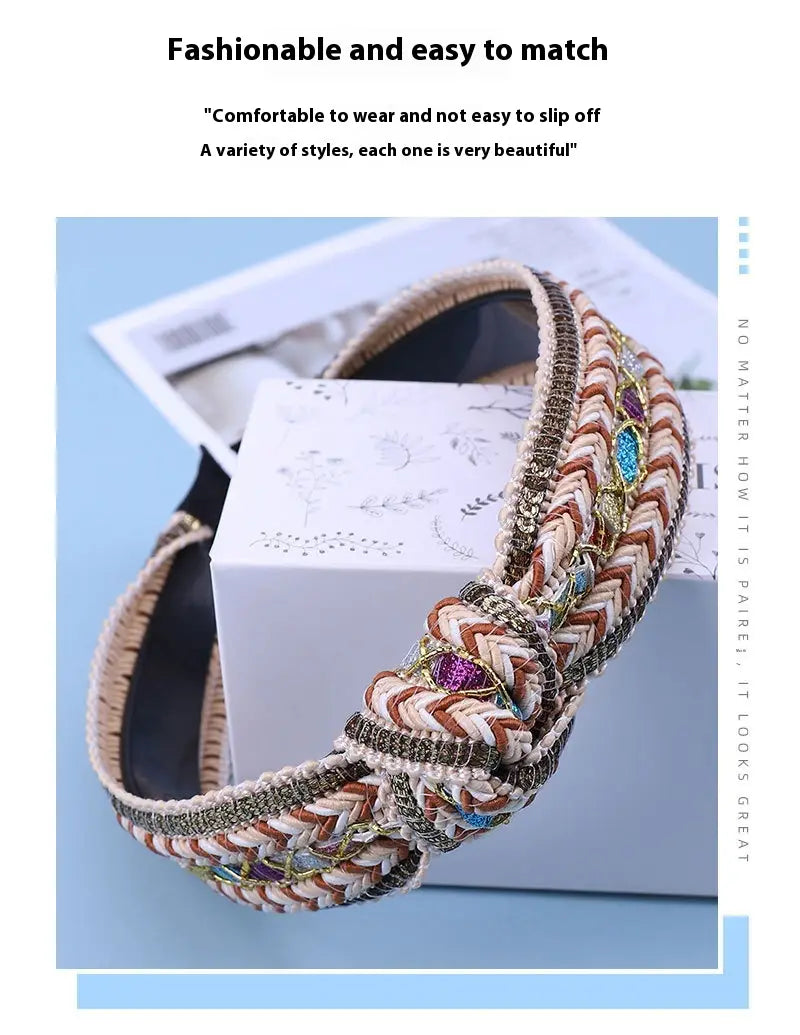 beige and brown braided fabric knotted hair headband adorned with colorful gemstone accents from the mint green knotted hair accessories bohemian woven headband collection.