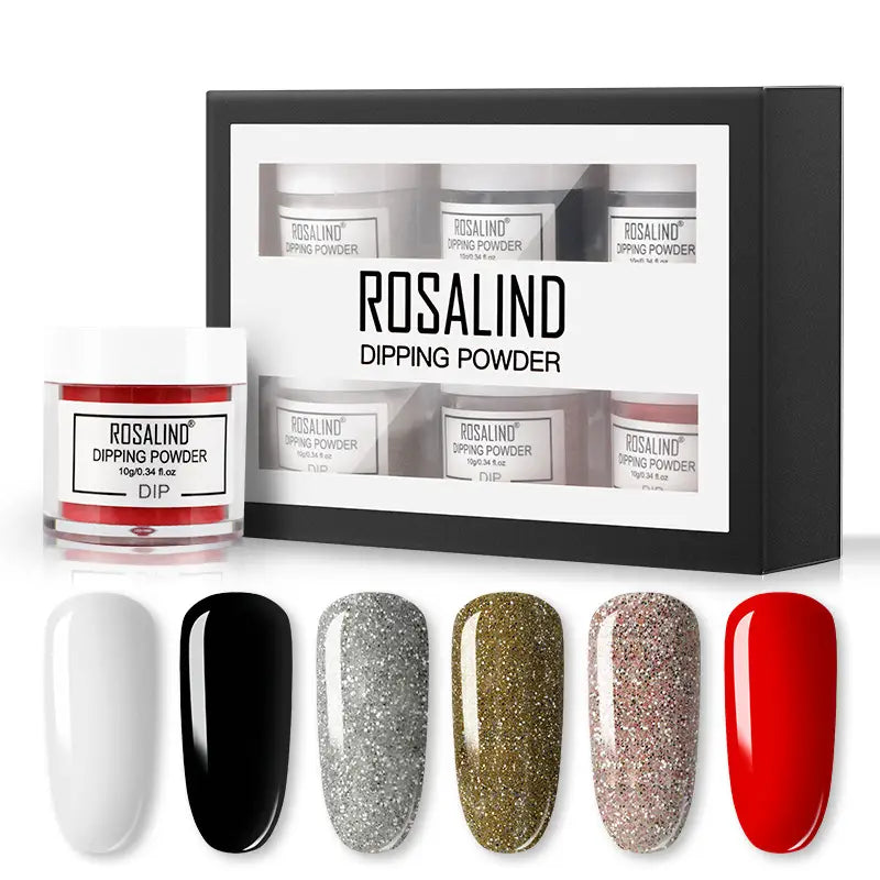 Rosalind dipping powder nail beauty set features a clear jar with red pigment and white lid alongside its black-and-white retail box containing six assorted colors and a brush.