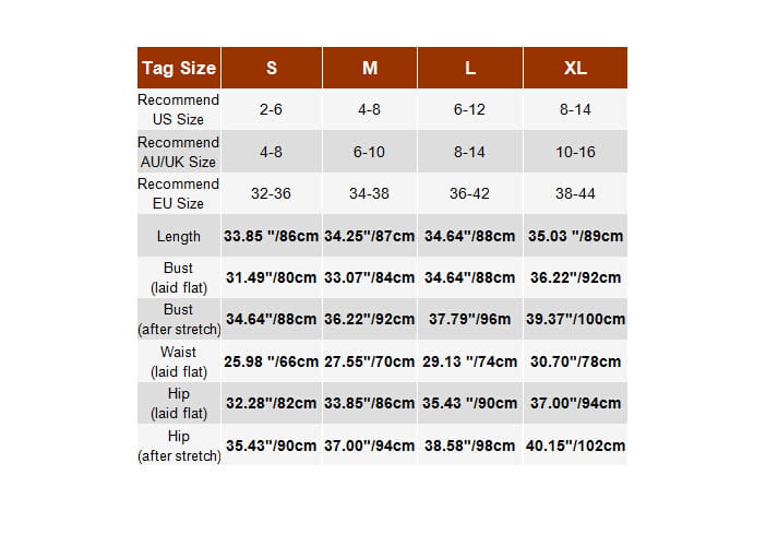 Size conversion chart for the sleek form fitting halter sexy dress female showing measurements in inches and centimeters for sizes s through xl.