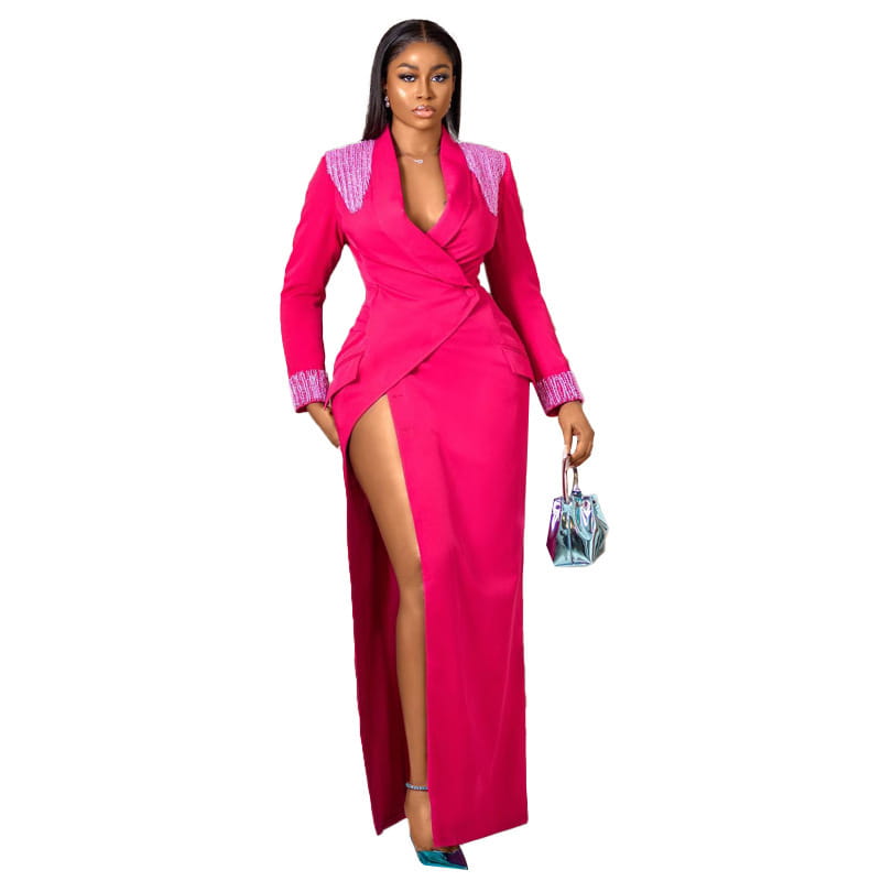 A vibrant rose red suit collar embellished wrap dress featuring sequined shoulder and cuff accents.