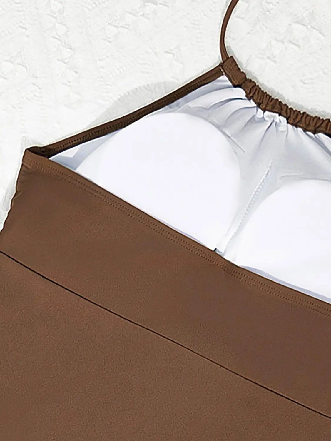 brown halter top bikini with white underwire cups and elastic straps featured in a floral halterneck printed halter split swimsuit design