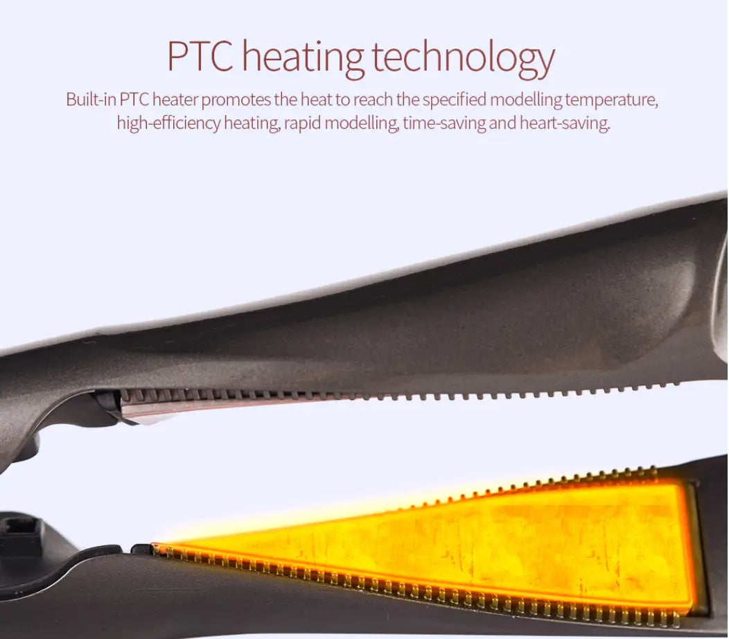 Black hair care straightener with glowing orange gold ceramic heating element and serrated plates designed for curly hair care and care straight long use.