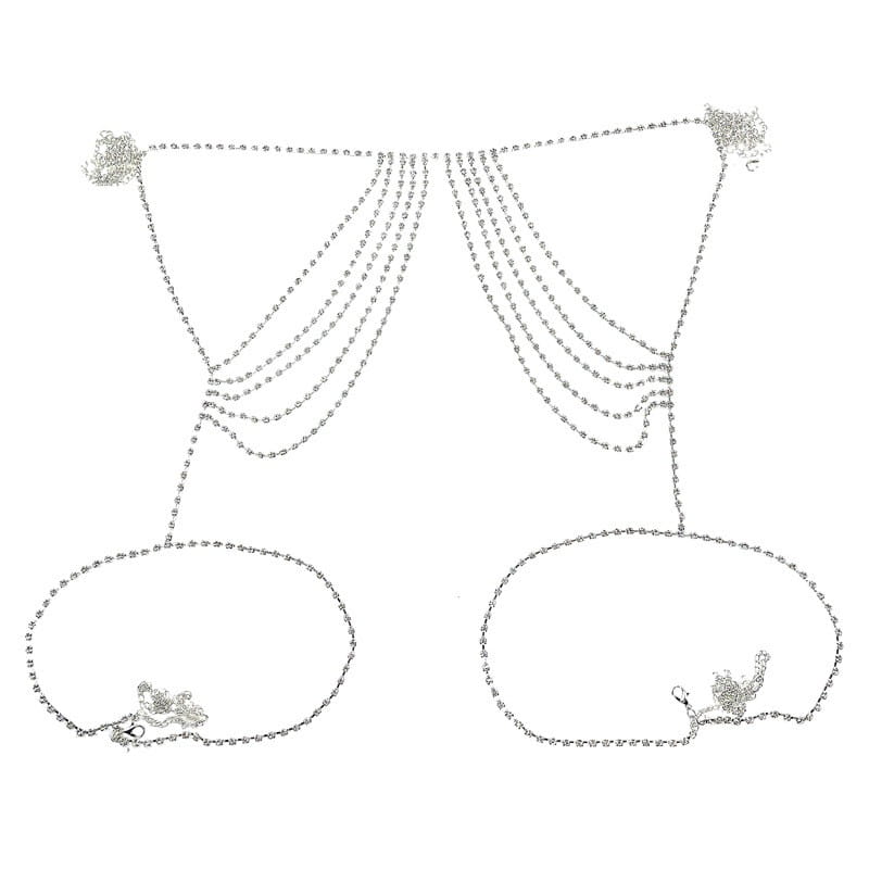 Silver rhinestone waist chain jewelry featuring a silver chain body chain with multiple cascading strands and decorative clasp ends.