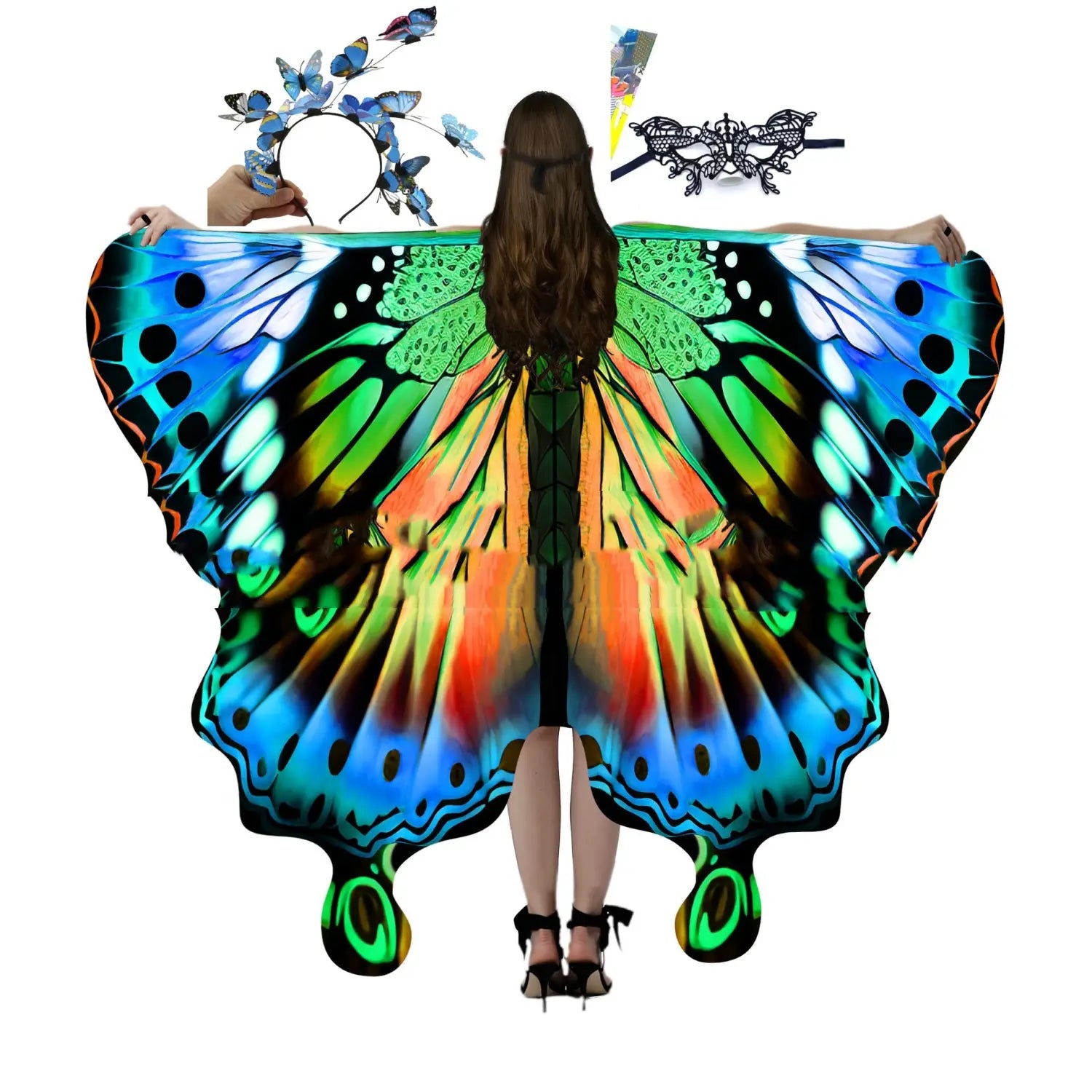Vibrant iridescent butterfly talma halloween costume featuring a wing cape with detailed blue green and orange patterns inspired by the american butterfly talma.