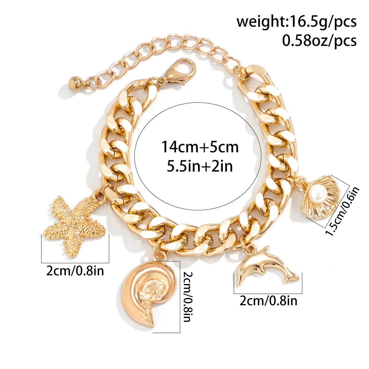 Gold-toned chunky chain bracelet set featuring sea-themed charms including starfish, dolphin, seashell, and spiral shell, part of a boho conch dolphin choker necklace bracelet set.