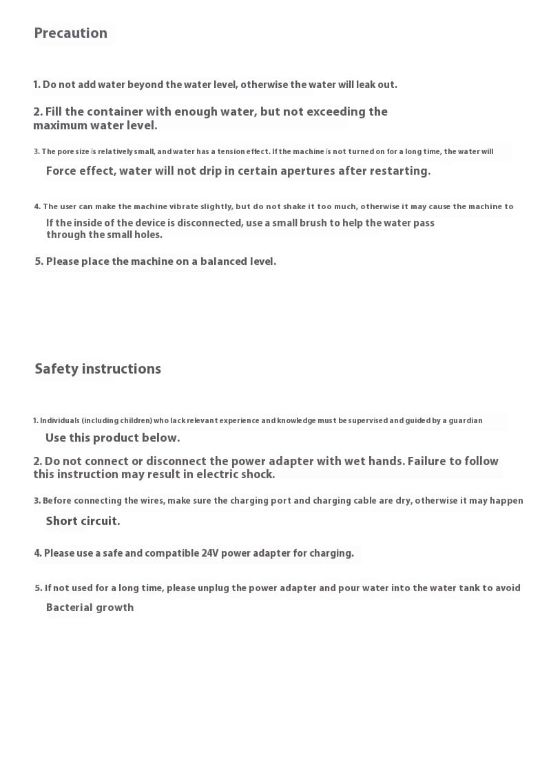 precaution and safety instructions printed in black text on a white background on the back side of a christmas tree essential oil aroma diffuser humidifier highlighting design essential oil use and oil aroma diffuser care guidelines.