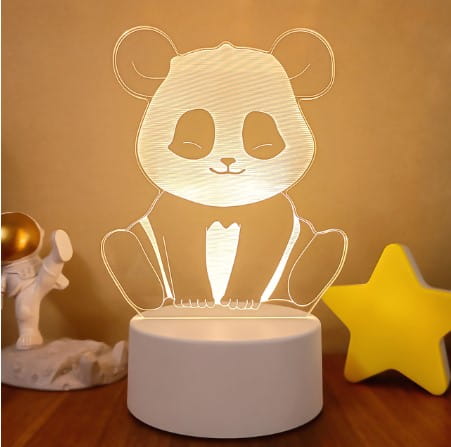 a soft white led nightlight shaped like a sitting panda with black eye patches and a subtle heart design on its chest featuring colorful touch remote control lights for adjustable ambiance.
