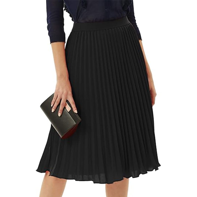 black pleated midi swing casual skirt with fitted waistband and flowing gathered fabric suitable for large swing casual wear
