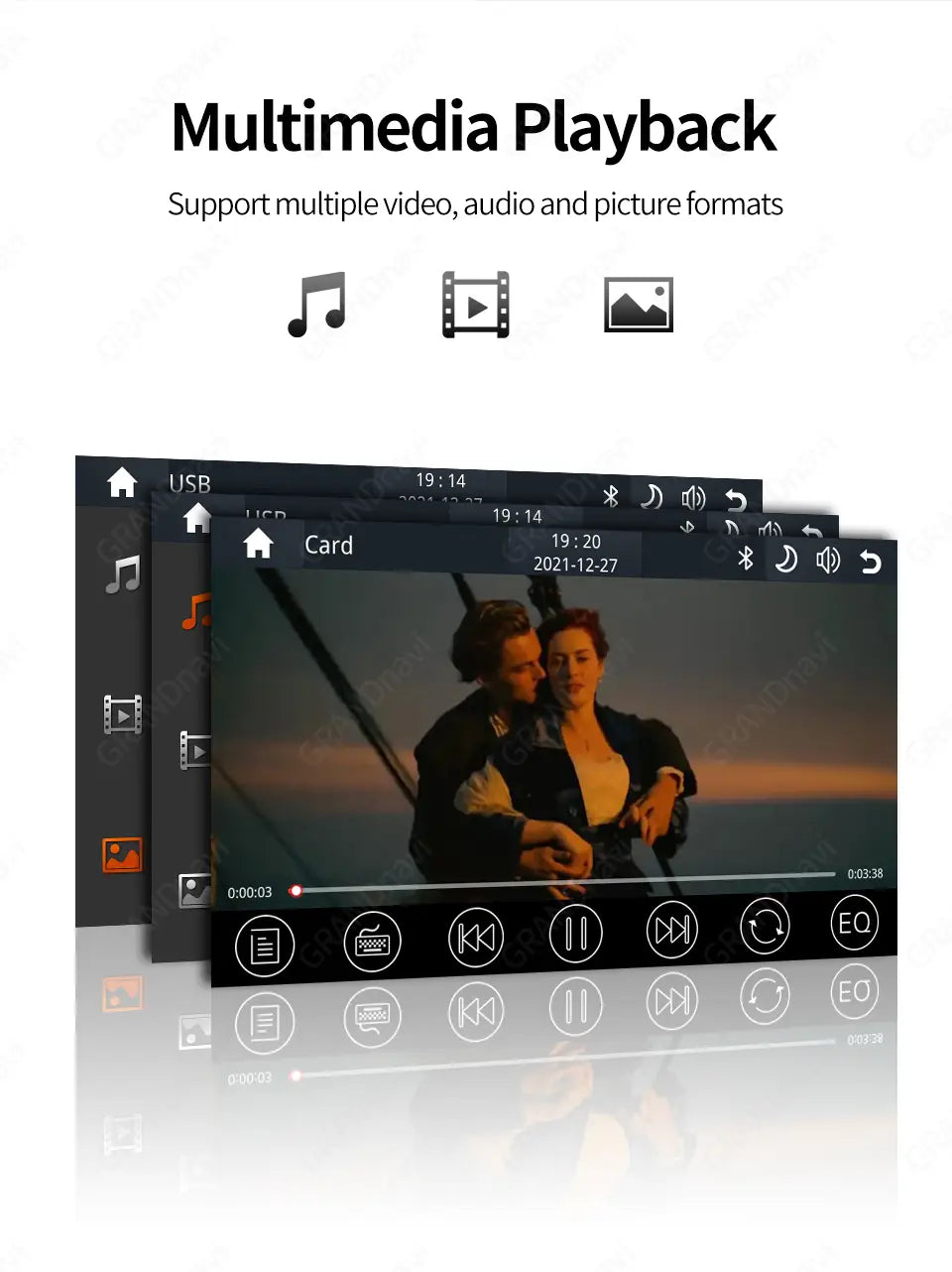 black 7 inch touchscreen car stereo with wireless carplay display showing multimedia playback interface with movie scene connected via cigarette lighter.