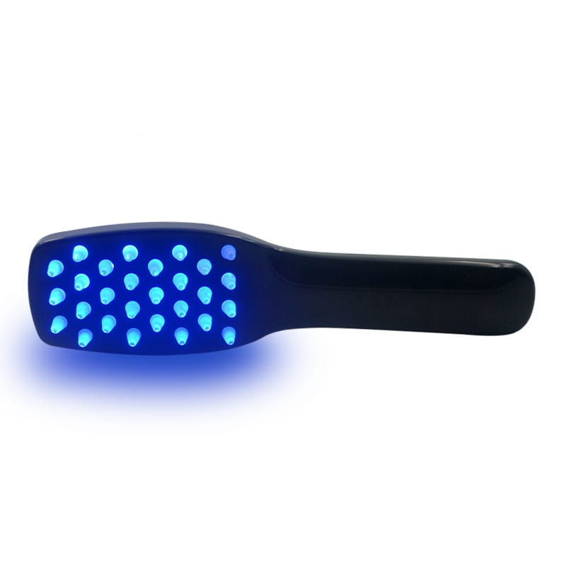 Black handheld iridescent hair care phototherapy LED comb featuring a care head with a grid of glowing blue lights for advanced hair treatment.