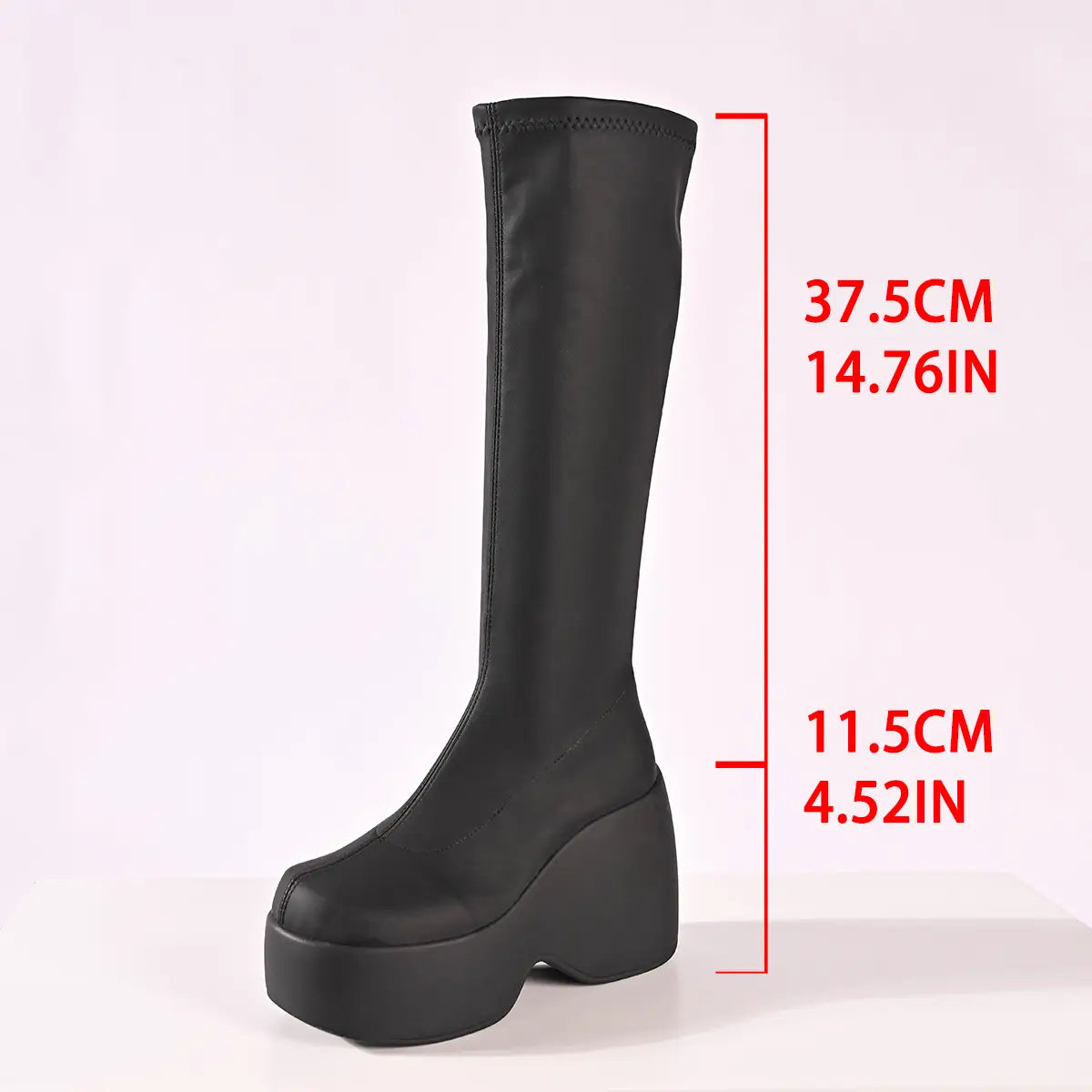 Black sleek platform knee high elastic leather boots made of smooth synthetic leather with a thick wedge sole.