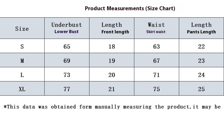 Size chart displaying measurements in inches for the navy blue lace bra and sheer mesh sexy skirt set in sizes s through xl featuring sheer mesh sexy material.