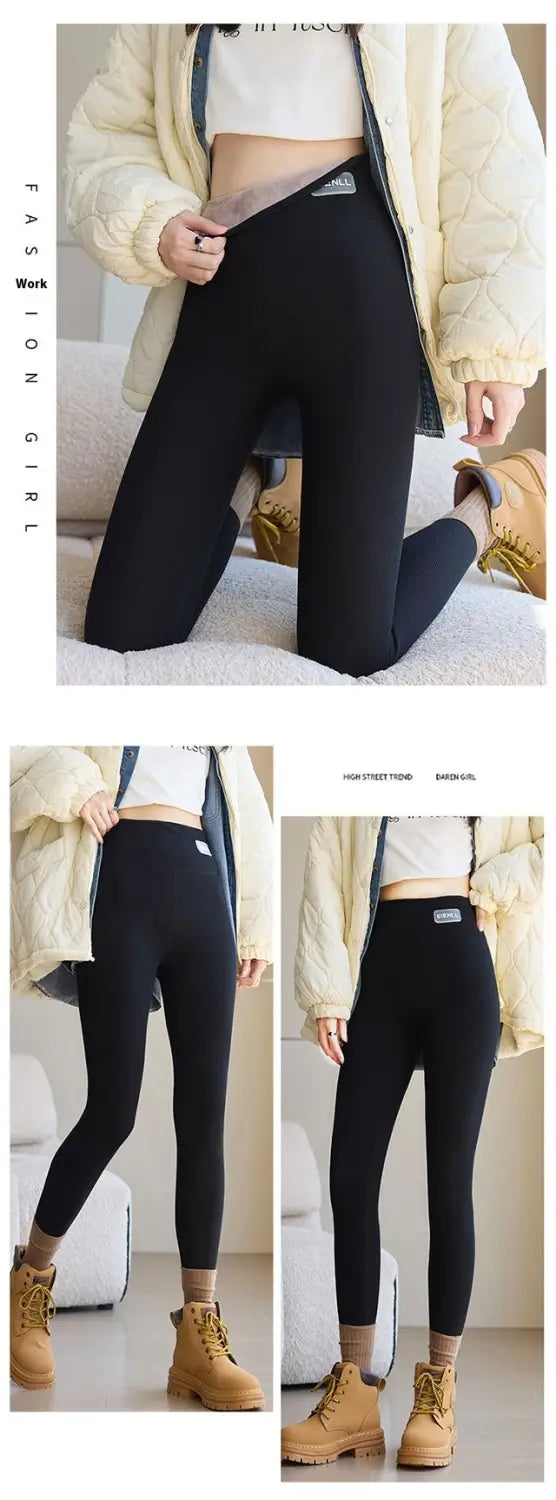 black form-fitting high waist threaded underwear leggings with subtle side seam detailing designed for winter threaded underwear use