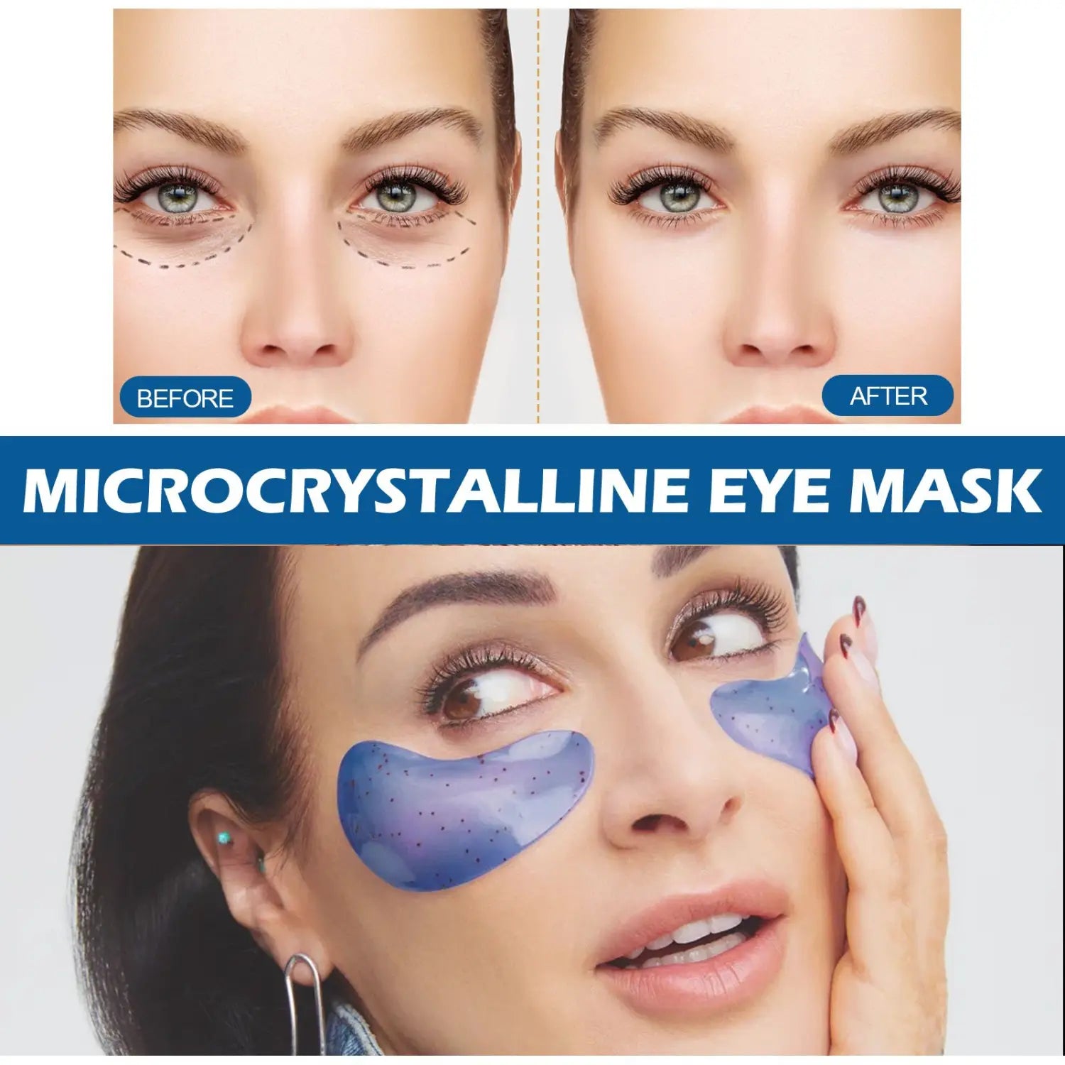 Blue microcrystalline collagen eye mask with a speckled texture applied under the eyes for reducing fine lines and dark circles.