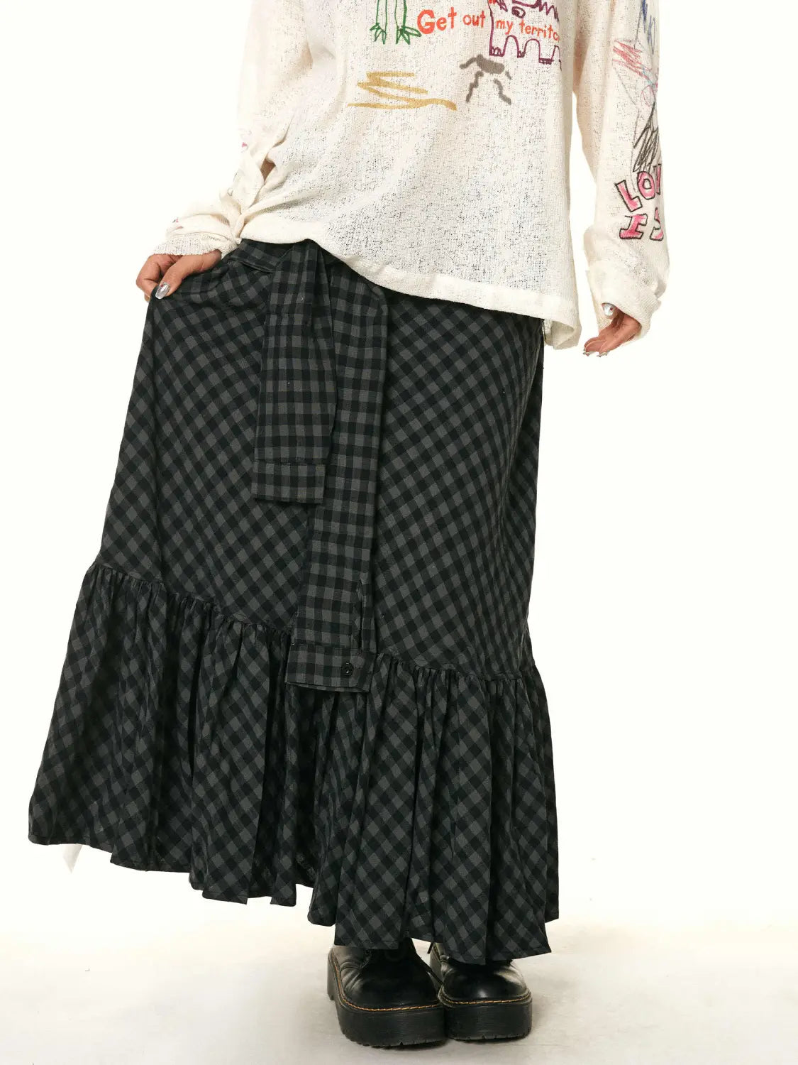 black and gray checkered tiered maxi fishtail skirt with a side tie belt featuring a retro easy matching ruffled design