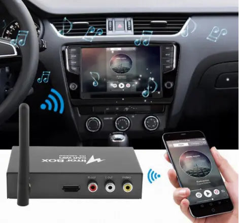 black rectangular car audio receiver with a single antenna and multiple input output ports shown from the back side of the best seller car mirror link box with antenna