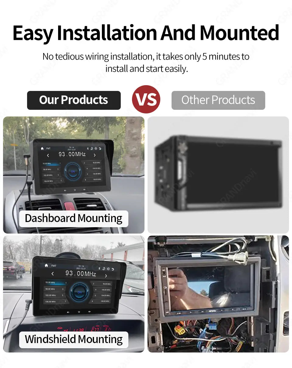 Black car stereo with 7 inch wireless carplay display featuring a blue circular interface and cigarette lighter connectivity.