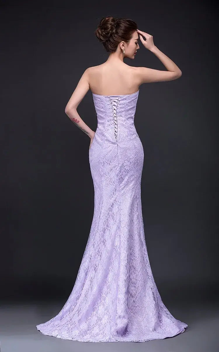 a lavender lace mermaid wedding dress with a strapless back and corset-style lacing, featured as a long dress fuchsia option.