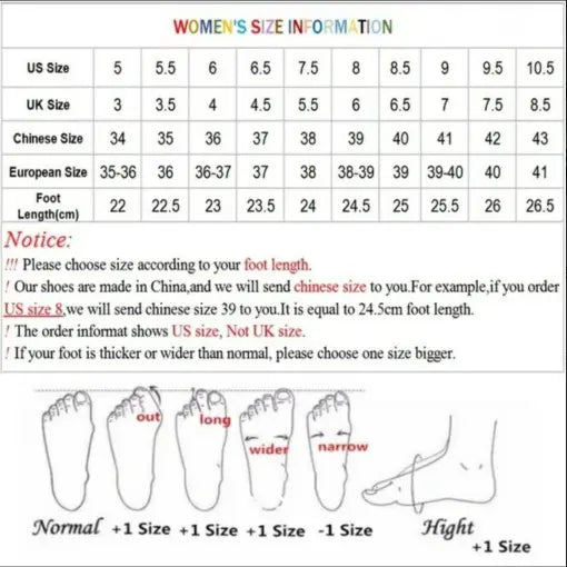 Women’s size information chart with US UK Chinese and European conversions and foot length in centimeters for pink platform wedge high heel ankle tie sandals.