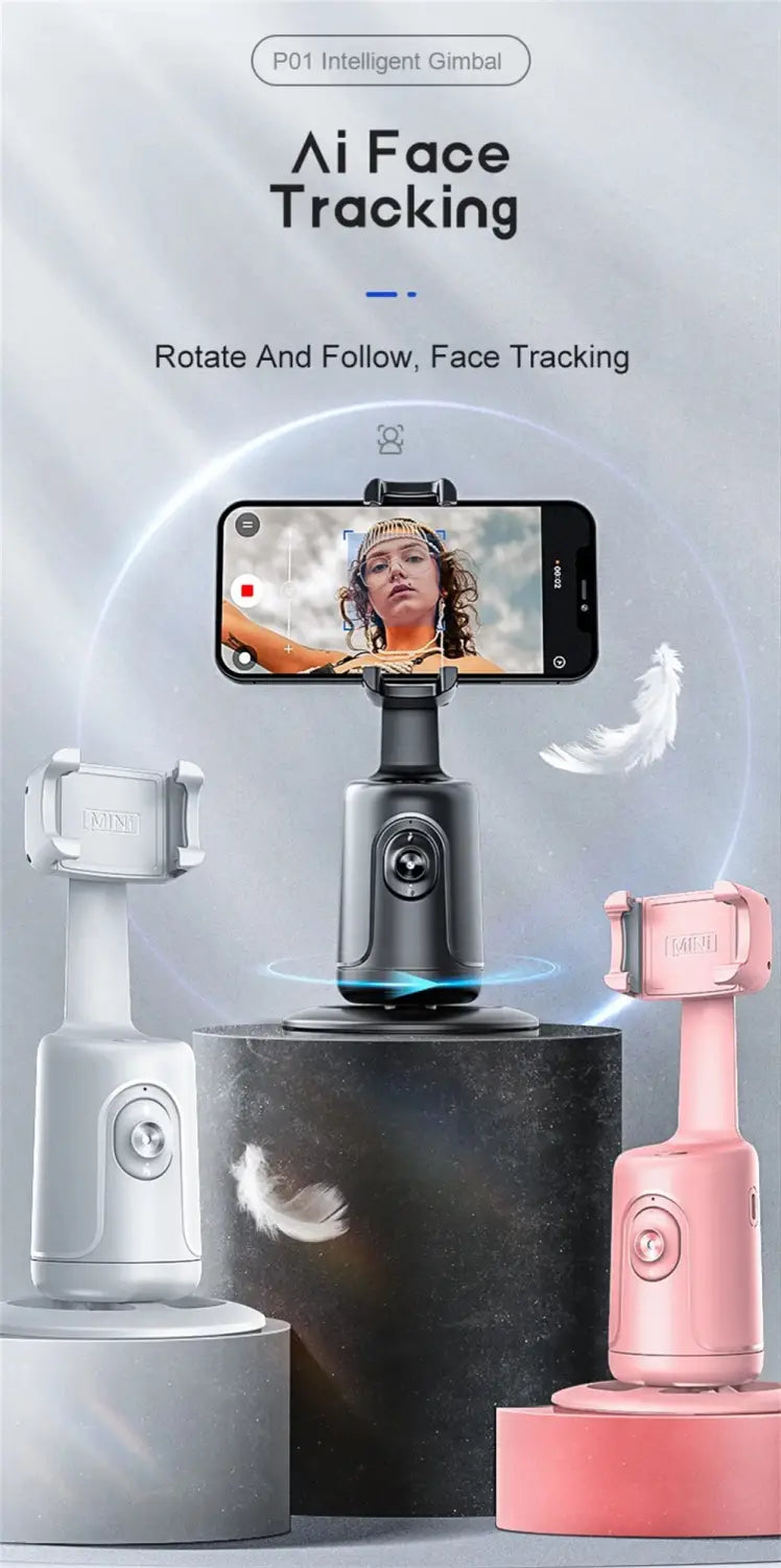black face tracking gimbal phone holder with sleek metallic and plastic construction featuring ai smart face tracking technology and a smartphone mounted on top