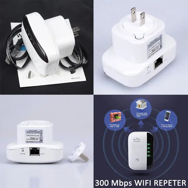 White plastic 300m wifi repeater wireless network extender with plug-in design and ethernet port for improved wireless network coverage.