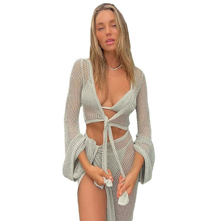 Hollow-out Long Sleeve Tied Short Top Beach Split Lace-up Skirt Two-piece Set - Royalessencelux