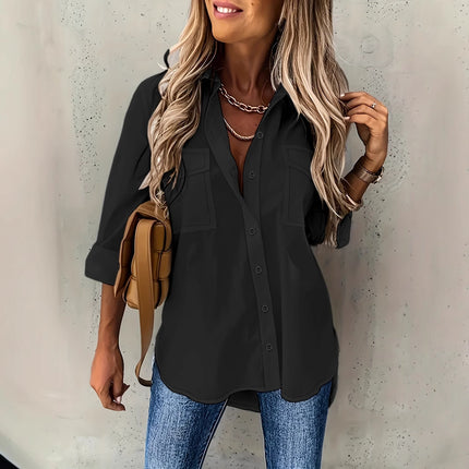 Loose Long Sleeve Lapel Shirt With Pockets Top - Royalessencelux